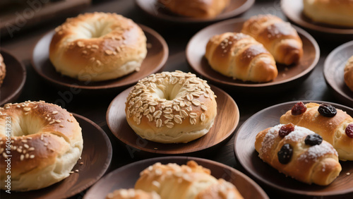 Multiple plates display various baked breads like bagels and croissants, presenting a rich and appealing breakfast or afternoon tea scene.
