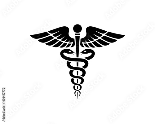Black caduceus medical symbol with wings and snakes silhouette isolated on white background
