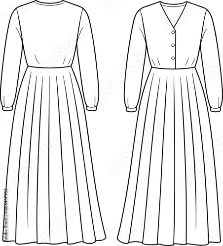 Long sleeve pleated maxi dress technical sketch, front and back view, fashion CAD drawing, flat vector illustration, garment design template