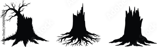 Tree stump silhouette vector set, dead tree roots illustration, broken trunk clipart, nature decay graphic, forest element isolated design