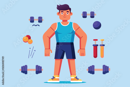 Sporty man in fitness clothes engages in strength training with dumbbells surrounded by various gym equipment in a bright workout space