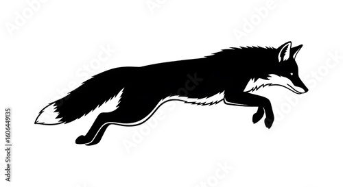 A black silhouette of a fox running, isolated on a white background.