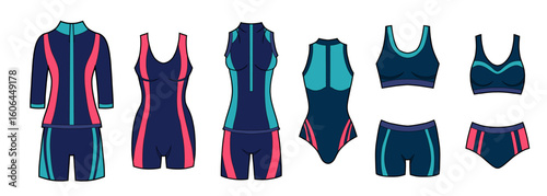 Vector set of contour colorful sports women swimsuits. Collection of outline sports wetsuits for swimming pools, cycling competitions and gymnastics.