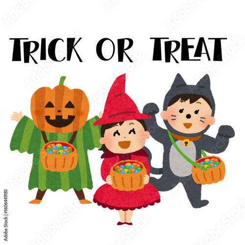 Trick or Treat Cartoon Icon – Halloween Pumpkin, Ghost, and Bat Festive Illustration