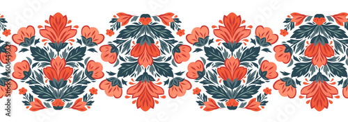 Vector seamless borders with decorative flowers. Folklore frieze with stylized red flowers. Floral horizontal border