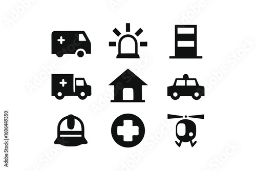 Set of emergency service icons including ambulance police car helicopter and medical cross vector