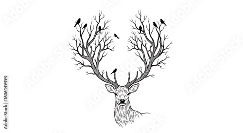 A fantastical illustration of a deer's head with large, tree-like antlers.