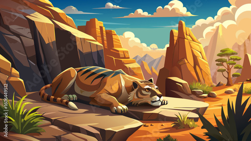 A saber-toothed predator naps atop a sunlit boulder in a quiet desert canyon