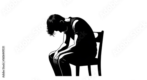 A black silhouette of a sad person sitting in a chair with their head in their hands.
