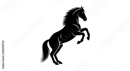 A powerful black silhouette of a horse rearing up on its hind legs.