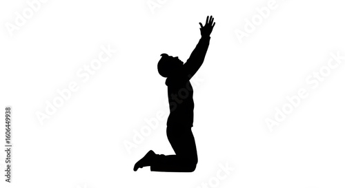 A black silhouette of a person praying or surrendering on their knees with arms raised.