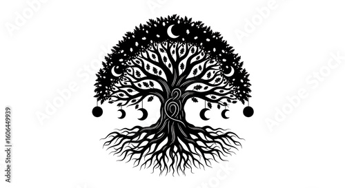 A black and white illustration of the Tree of Life (Yggdrasil) with intricate roots and celestial moon phases.