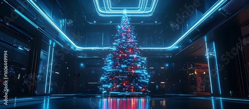 abstract green electronic christmas tree created with generative AI technology on the blue digital background