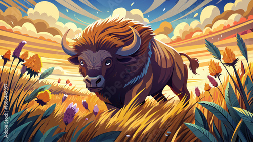A steppe bison charges through a flower-filled meadow, massive hooves crushing tall grasses and petals beneath