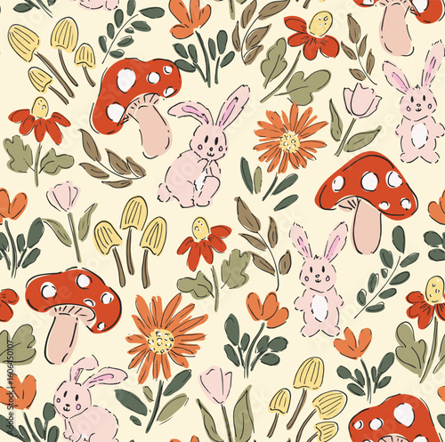 Cute bunnies hiding in a garden meadow of mushrooms, flowers and leaves in colors of red, pink, orange, black and green on yellow. Easter seamless vector pattern. Great for homedecor, fabric, giftwrap