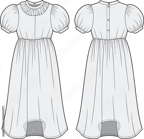 Puff sleeve midi dress technical fashion sketch, pleated neckline, high-low hem, front and back views, elegant children’s garment design