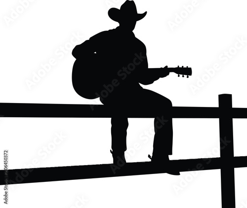 Cowboy Playing Guitar on a Fence Silhouette