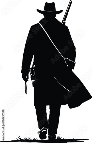 Silhouette of a Cowboy with Rifle Walking Away Black and White Western Illustration