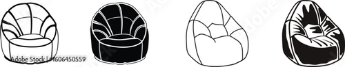 Relaxed bean bag chair vector, black bean bag chair line art design.