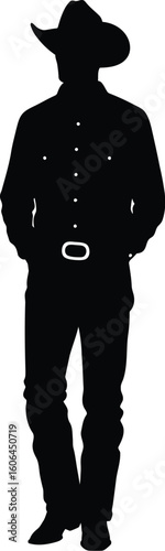 Silhouette of a Cowboy Standing with Hands in Pockets Isolated on White Background