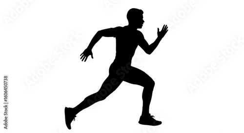 A powerful black silhouette of a male athlete or runner in a sprinting pose, isolated on a white background.