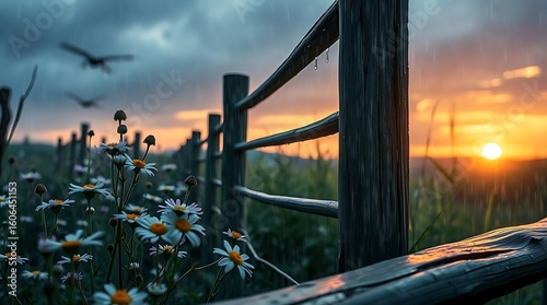 Rural Farm Landscape at Sunrise with Green Grass and Wildflowers