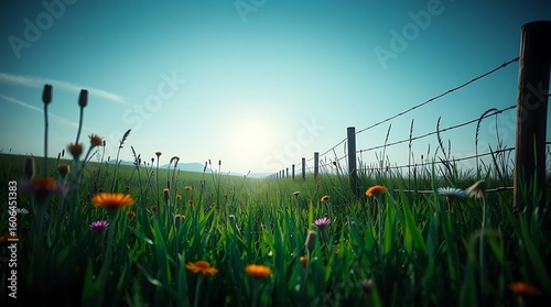 Golden Sunset Over a Peaceful Countryside Field with a Wooden Fence