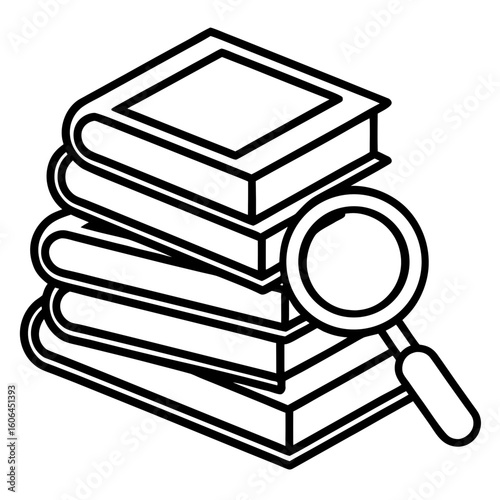 Research and knowledge icon – books with magnifying glass line