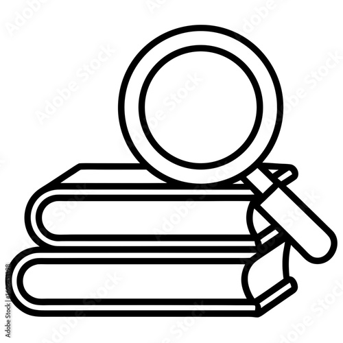 Research and knowledge icon – books with magnifying glass line