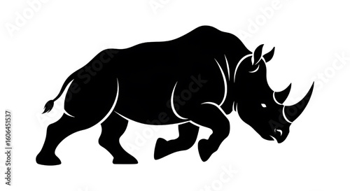 A powerful black silhouette of a large rhinoceros in a running or charging pose, isolated on a white background.