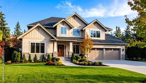 Beautiful two story house with green lawn and landscaping on a sunny day