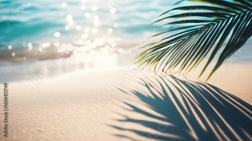 Palm leaf shadow on abstract white sand beach background, sun lights on water surface, beautiful abstract background concept banner for summer vacation at the beach