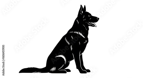 A black silhouette of a German Shepherd dog in a sitting, alert pose.