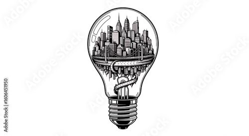 An illustration of a lightbulb with a detailed city skyline inside, symbolizing urban innovation.
