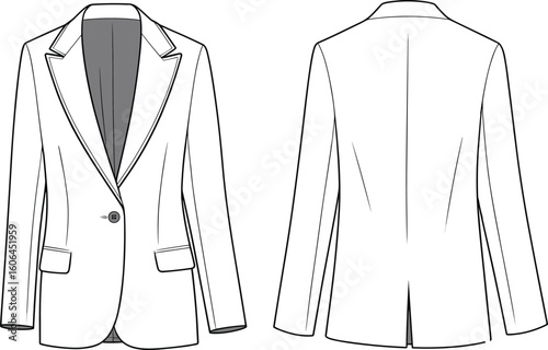 Single button women’s blazer technical flat sketch with notched lapel, welt pockets, back vent, front and back vector illustration