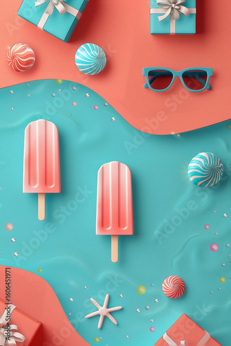 Background promotional poster layout with a pale sky blue to lavender gradient, delicate cloud pattern frame, floating minimal beach umbrella icons, pastel teal gift boxes with lemon yellow ribbons,