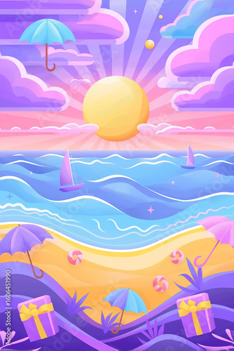 Background promotional poster layout with a pale sky blue to lavender gradient, delicate cloud pattern frame, floating minimal beach umbrella icons, pastel teal gift boxes with lemon yellow ribbons,