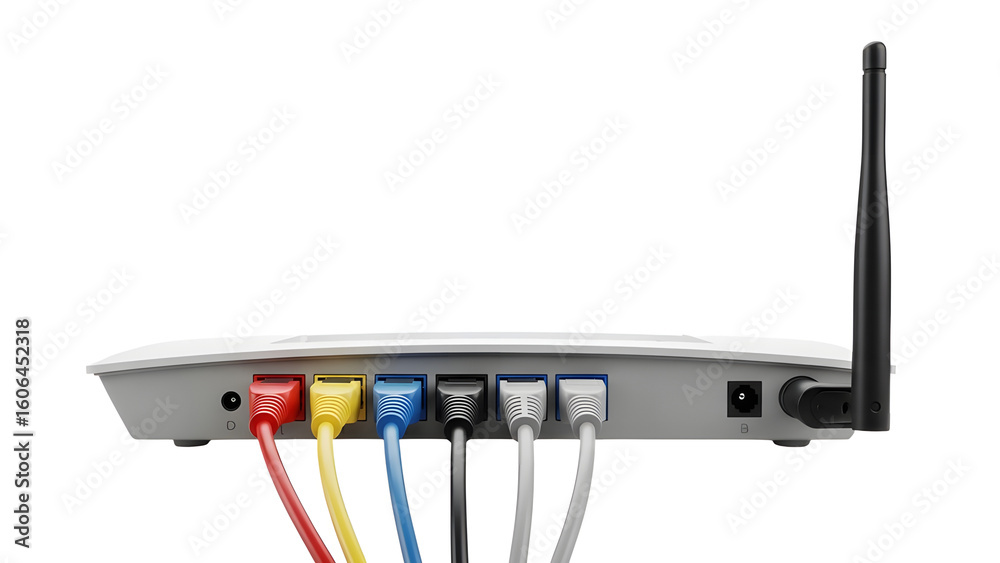 Fototapeta premium Router network connection internet wifi broadband wireless technology ethernet cable ports antenna on transparent background