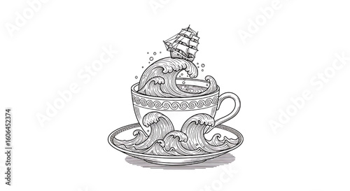 A surreal illustration of a teacup containing a miniature world with a tree and a hot air balloon.