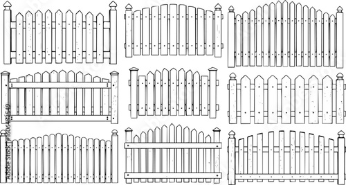 various fence designs, wooden fences, picket fences, garden fences, different styles, black and white, detailed patterns
