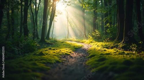 Golden Sunbeams Shining Through Trees on a Magical Forest Path