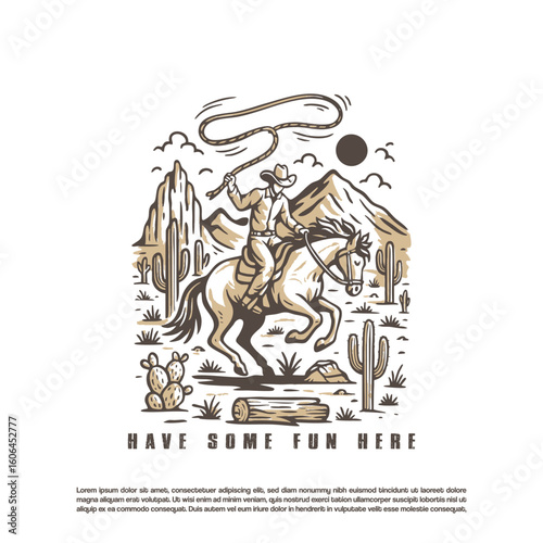 Retro hand drawn cowboy holding rope and his horse