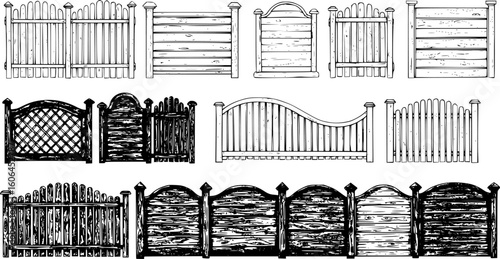 various fence designs, wooden fences, picket fences, garden fences, different styles, black and white, detailed patterns
