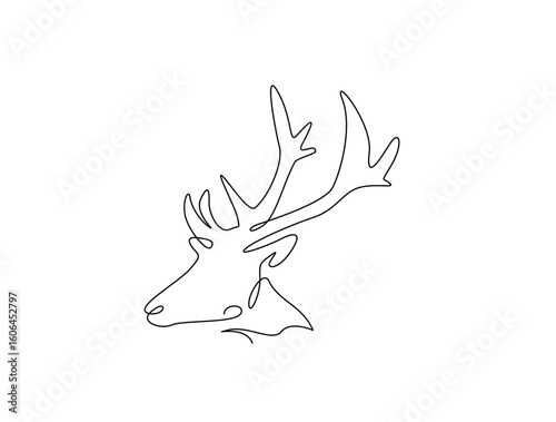 Continuous line art drawing of deer head - animal concept. Antlers head in single line art drawing vector illustration. Editable stroke.