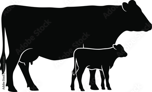 Black Silhouette of Cow and Calf Standing Together Farm Animal Vector Illustration on White Background