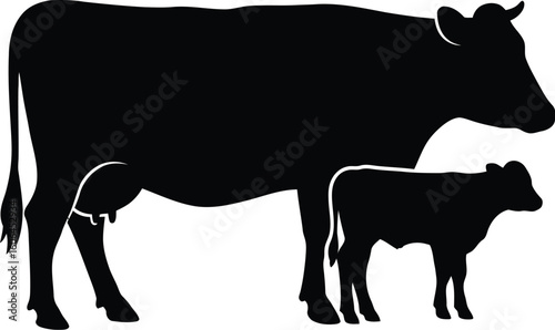 Black Silhouette of a Cow and Calf Standing Together on a White Background Farm Animals
