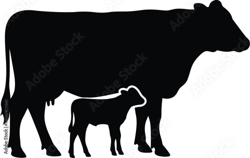 Silhouette of a Cow and Calf Standing Together Representing Motherhood and Animal Husbandry in Black and White