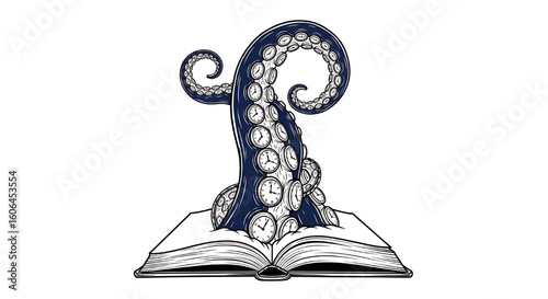 A surreal, detailed line art illustration of large octopus tentacles emerging from an open book.