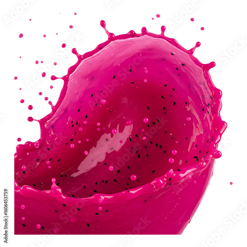 Vivid dragon fruit juice swirl with pink splash effect in a stylized, dynamic and isolated composition