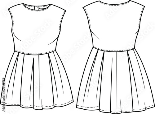 Sleeveless pleated dress technical fashion flat sketch with back button, round neckline, fitted waist design, front and back view vector